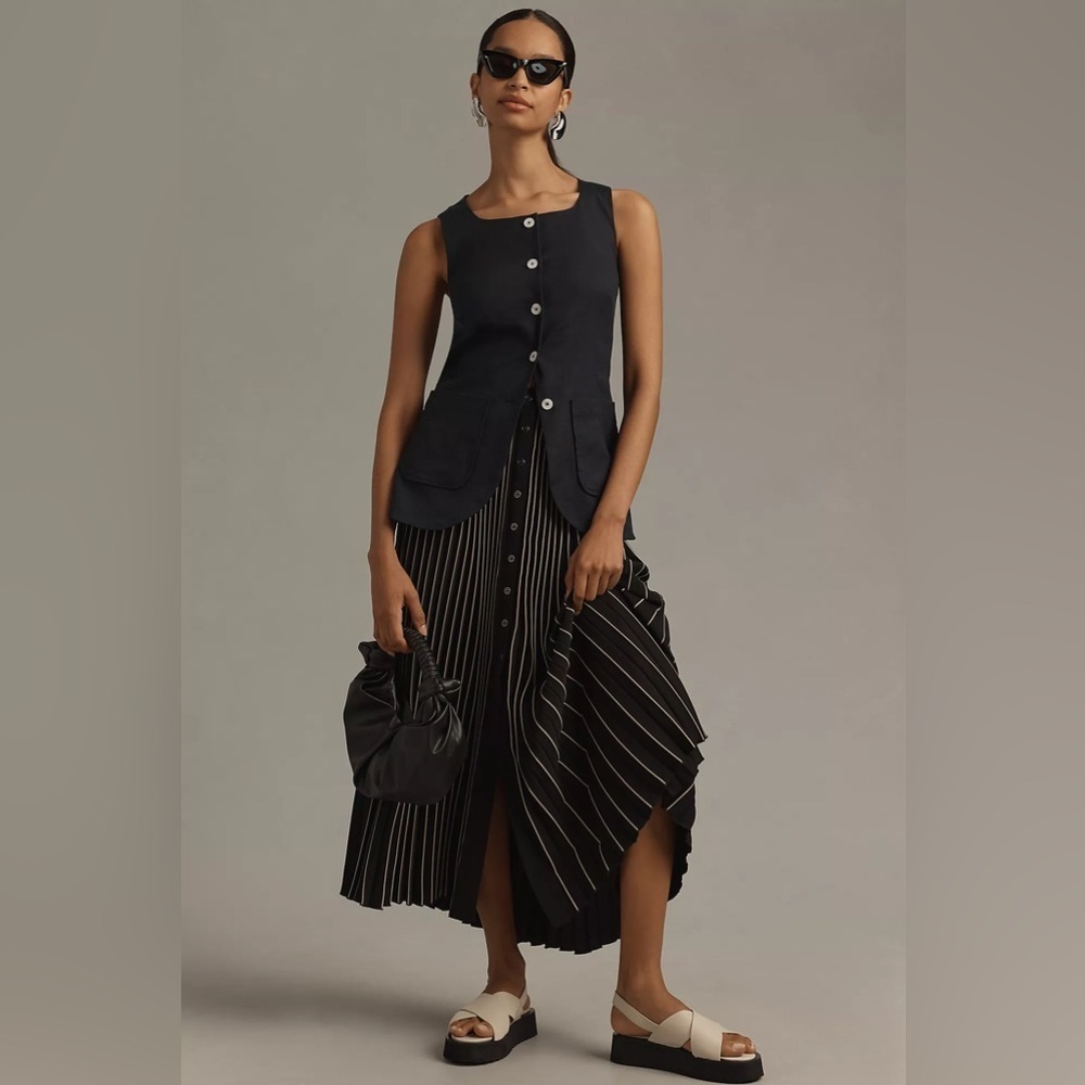 NWT! Anthropologie Maeve Pleated Button-Front Maxi Skirt in Black Stripe 🏆